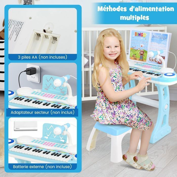 Pianoforte elettronico DREAMADE a 37 tasti per bambini, tastiera con gambe del tavolo rimovibili, sgabello, blu