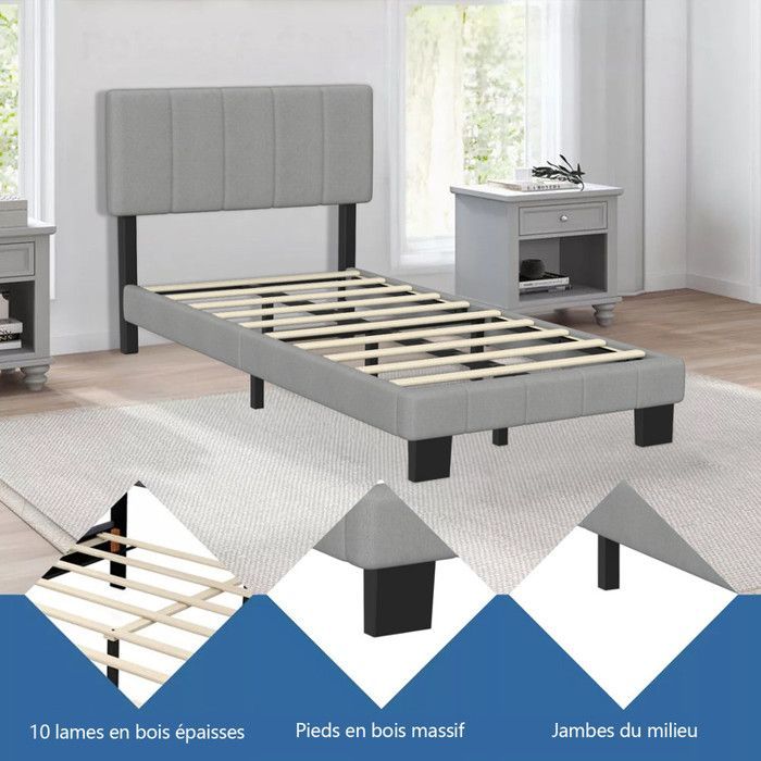 Cama infantil de 90 x 200 cm con somier de láminas incluido, estructura moderna, cabecero regulable en altura, color gris.