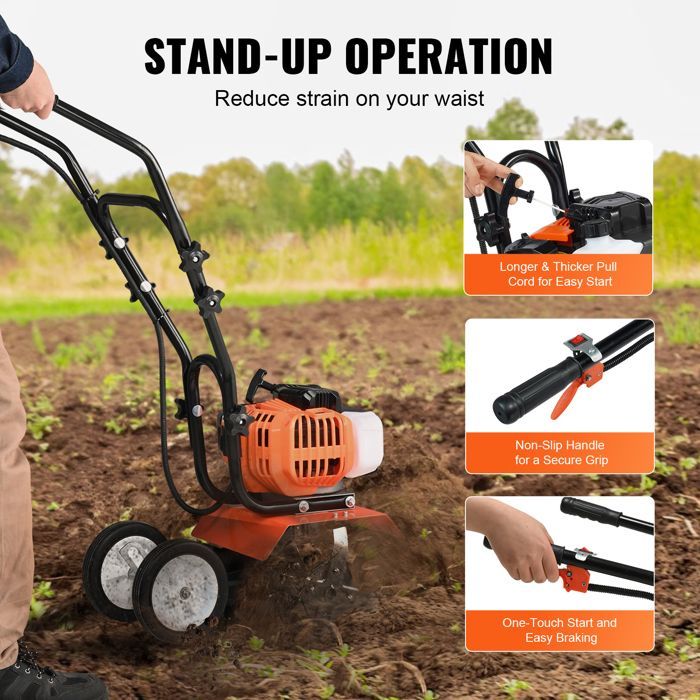 Motocultor de gasolina de 2 tiempos - Duoku - 4 púas de acero ajustables - Para cultivar la tierra en jardines, céspedes y campos.