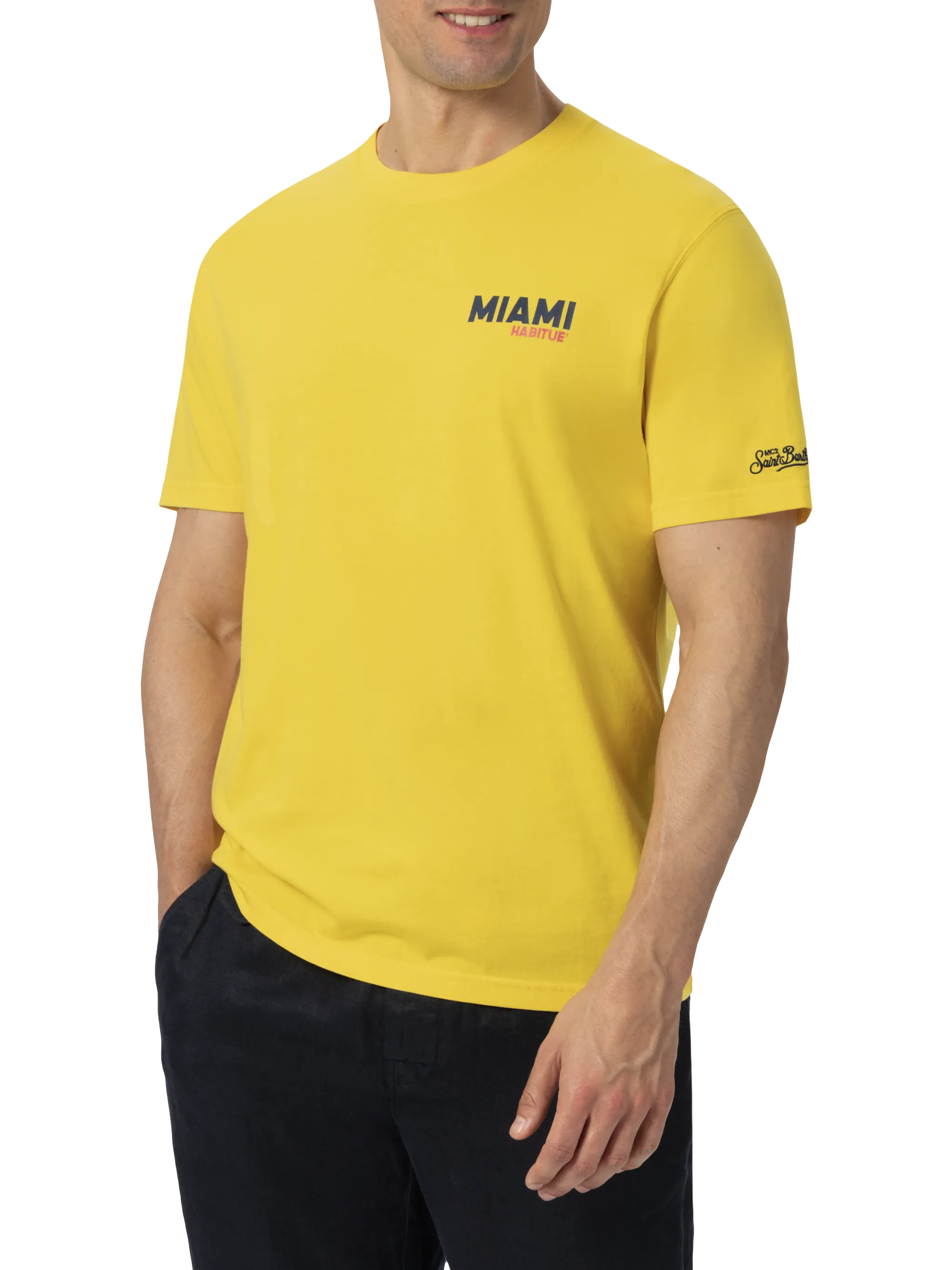 Camiseta de hombre de algodón orgánico con estampado de postal de Miami