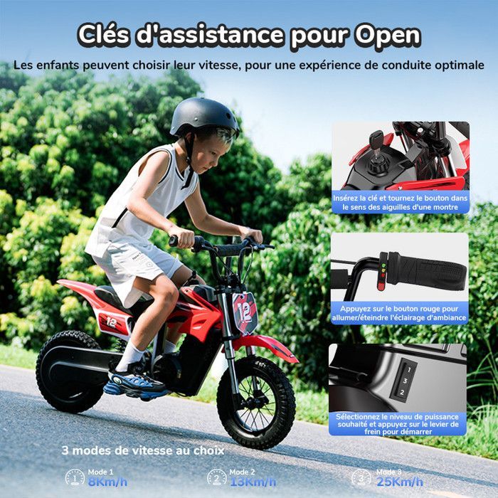 Moto électrique Enfant A12-Rouge-12''-350W-36V5,2 Ah-Charge Maximale 70 kg-Trois Vitesses-Sonnette-Autonomie 22 km-Tout terrain
