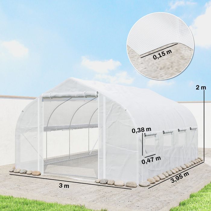 Outsunny 12m² Garden Tunnel Greenhouse (395x300x200cm) - 8-window door with mosquito nets, high-density 140g/m² PE cover - white
