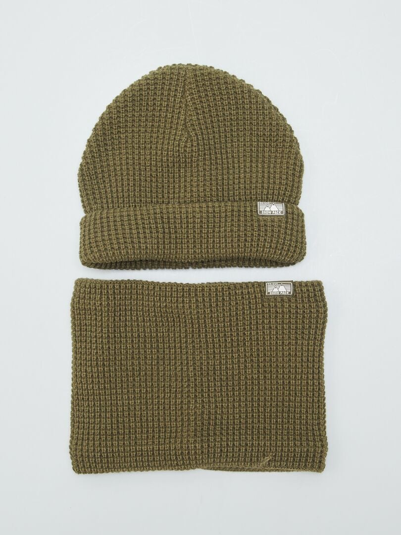 Gorro y bufanda de punto acanalado color caqui