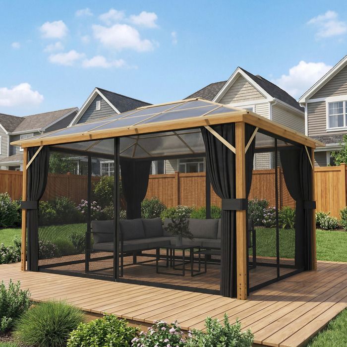 Garden gazebo - outdoor pavilion - Outsunny - wood-look rigid polycarbonate roof UV50+ - aluminum - 398x298x262cm - natural