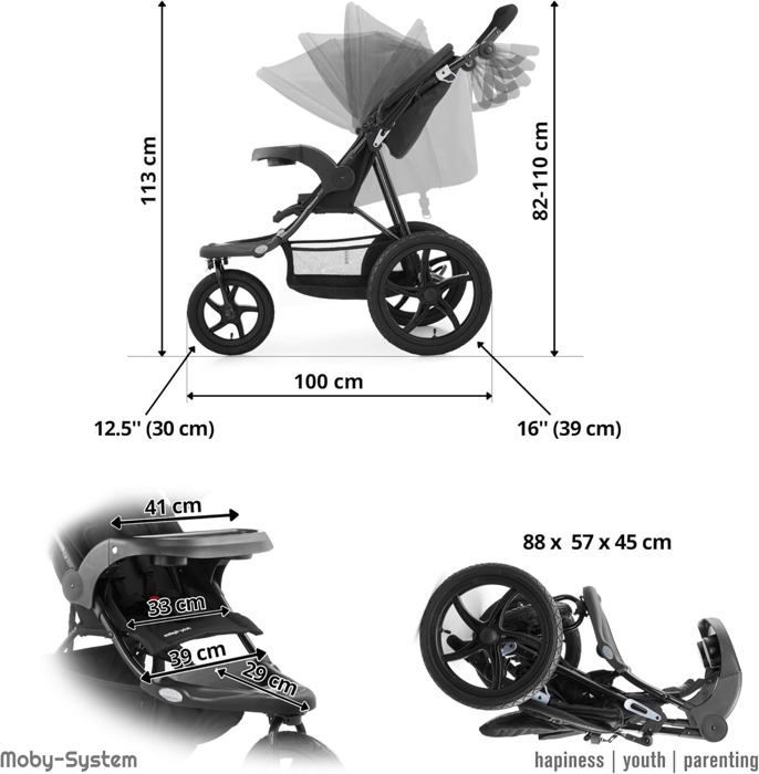 Moby-System Poussette 3 Roues, Pliable jusqu'à 15 kg, Tourne Facilement, Bandes Réfléchissantes, Ceinture à 5 Points- Noir