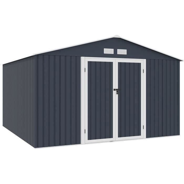 Metalen tuinschuur 10,85 m² - 340 x 319 x 210 cm - LUNEX - Inclusief verankeringsset, 2 draaideuren - Grijs