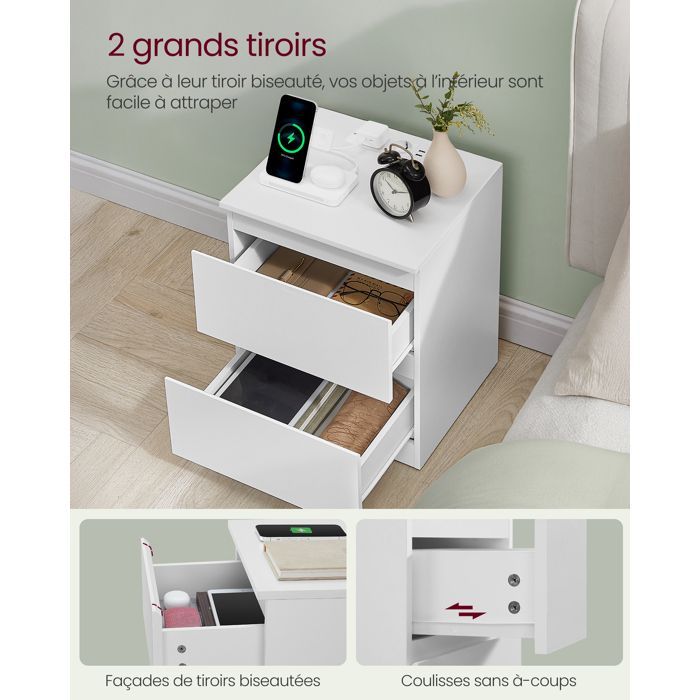 VASAGLE Lot de 2 Table de Chevet avec Multiprise, Table d'Appoint, 2 Tiroirs, 2 Prises CA, 2 Ports USB-A, Moderne, Blanc Nuage