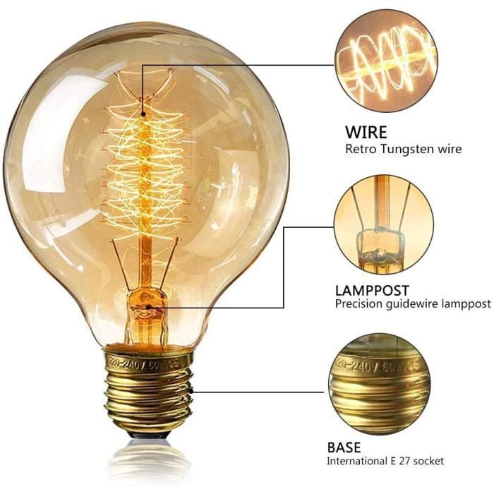Bombilla Edison vintage tipo globo E27 - Zoomdo - Blanco cálido 40W - Paquete de 4