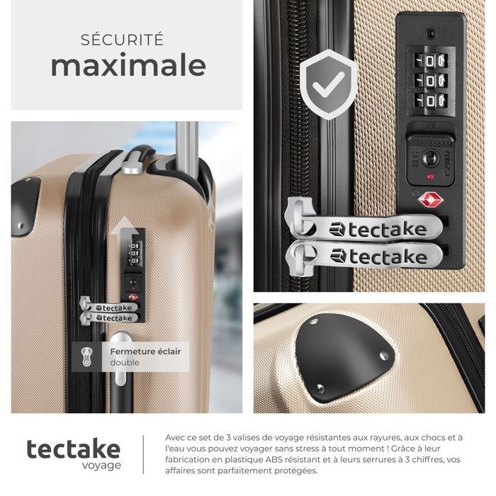 Maleta - TECTAKE - Juego de maletas con ruedas de plástico ABS rígido de 75 x 50 x 30 cm - Champagne