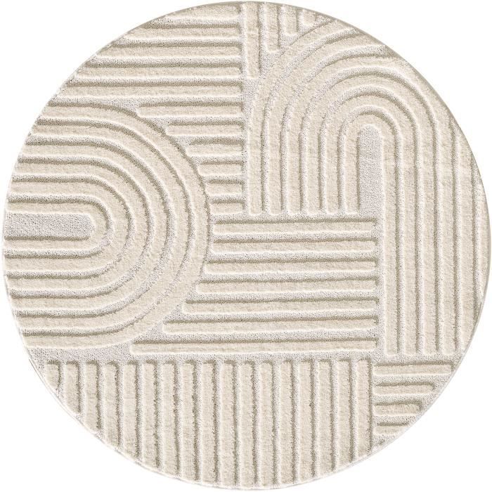 Tapis rond - SIMPEX - Style scandinave - Motifs 3D - Doux et moelleux - Couleur crème