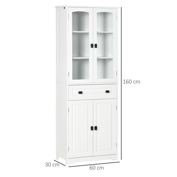 Aparador de cocina - HOMCOM - armario alto con 4 puertas (2 de cristal), 1 cajón, estantes ajustables - madera - altura 160 cm - blanco