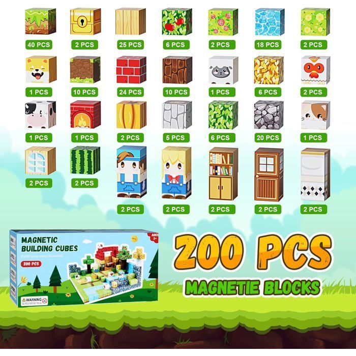 Blocs de Construction Magnétiques,200 Pièces Ensemble de Blocs Magnétiques pour Construire, Jouets Magnétiques Créatif pour Enfants