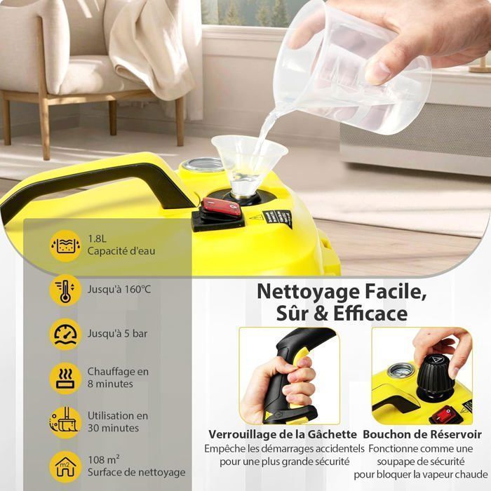 Nettoyeur Vapeur Polyvalent 2000W COSTWAY pour Punaises de Lit-5 BAR-15 Accessoires et Manomètres-Réservoir 1,8L-160°C-4 Roue-Jaune