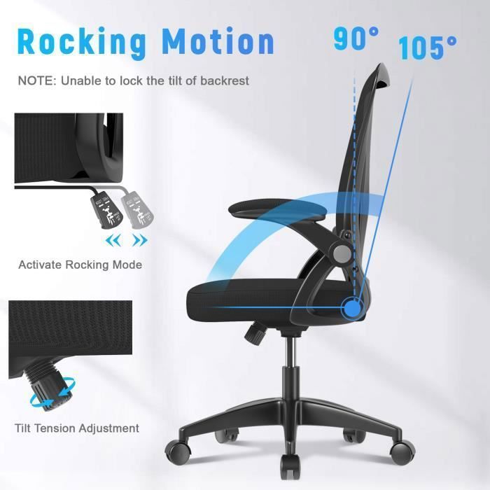 Silla de oficina Naspaluro - Asiento ergonómico - Sillón con reposabrazos plegables a 90° - Soporte lumbar - Altura regulable