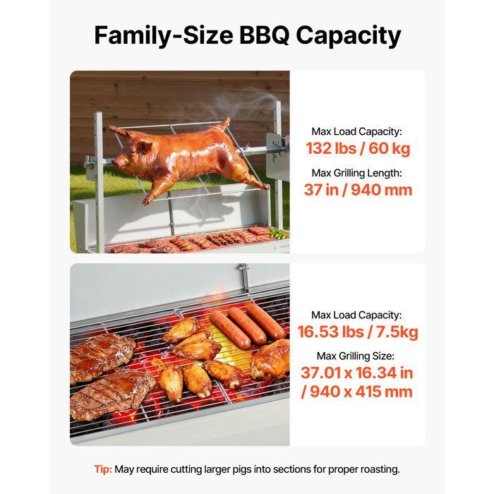 Barbacoa de carbón VEVOR con asador eléctrico - 38 W - Asador de carbón - Capacidad de carga de 60 kg
