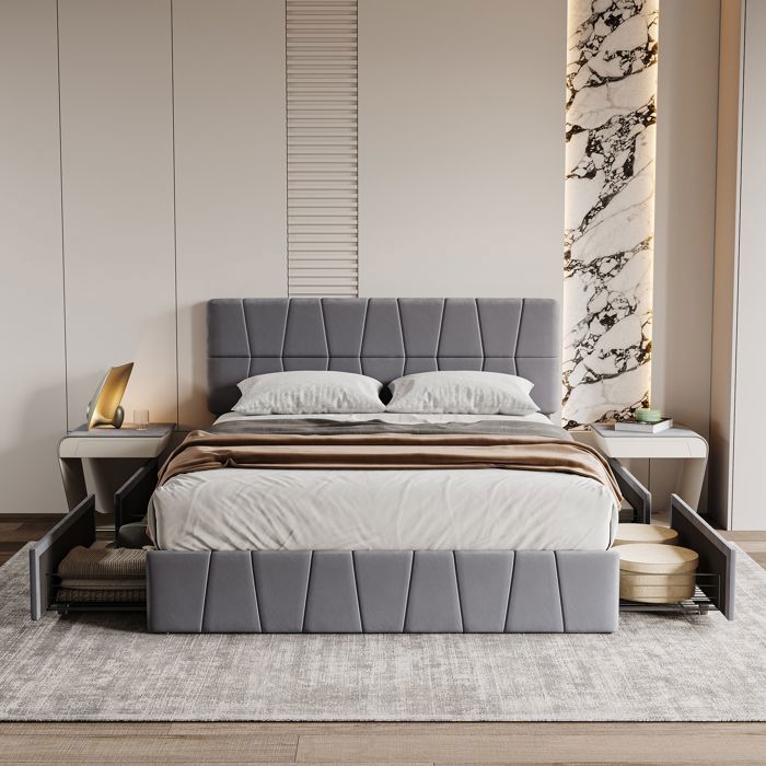 Letto matrimoniale imbottito con contenitore, 4 cassetti, struttura letto da 160 x 200 cm con base a doghe, velluto