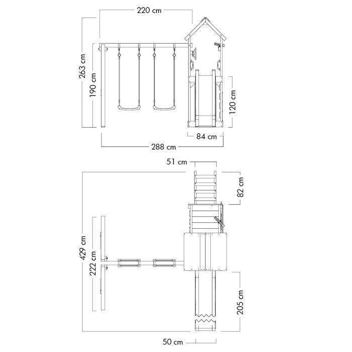 WICKEY MultiFlyer houten speelstructuur met houten dak, dubbele schommel en glijbaan van 220 cm, rood – 10 jaar garantie*