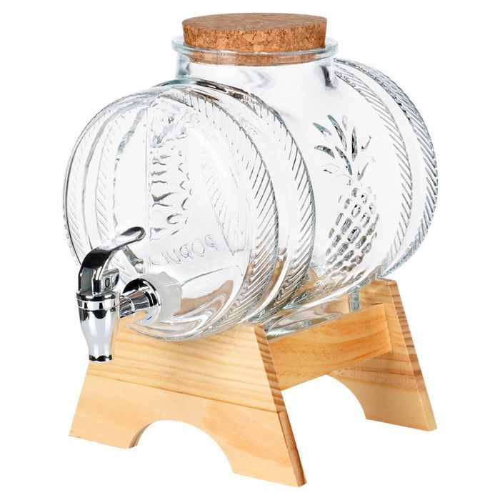 Dispensador de bebidas VILDE de 3 litros con grifo - Cristal grueso - Soporte de bambú - Tapa de corcho - Diseño de piña