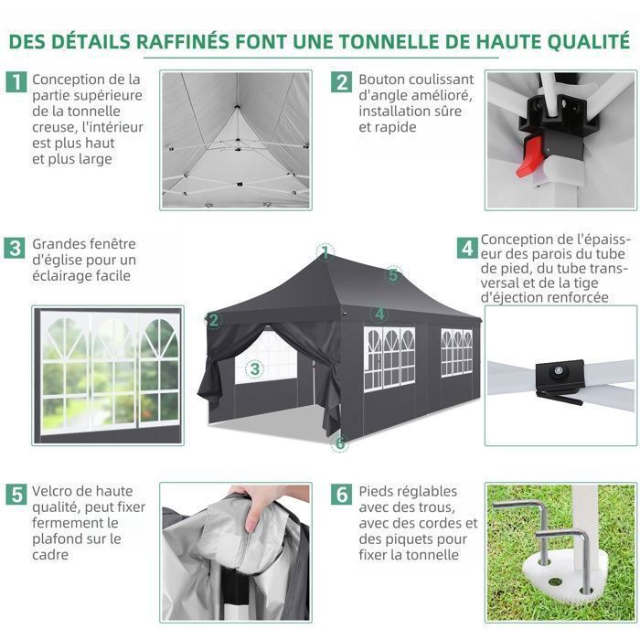 Cenador plegable de 3x6 m, carpa de jardín impermeable para exteriores, carpa para fiestas con 6 paneles laterales, protección UV 50+ - Gris
