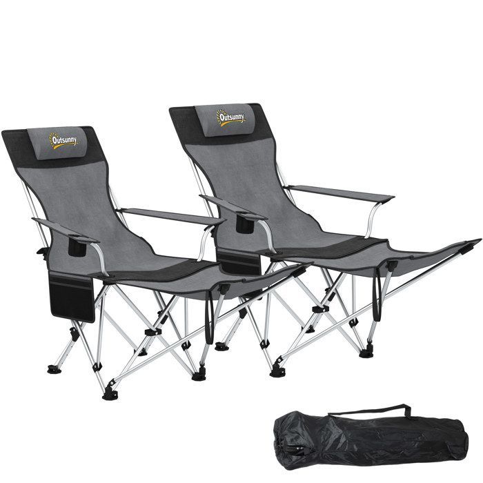 Juego de 2 sillas de camping Outsunny plegables y reclinables con reposapiés, bolsa de almacenamiento, portavasos y reposacabezas (color gris).