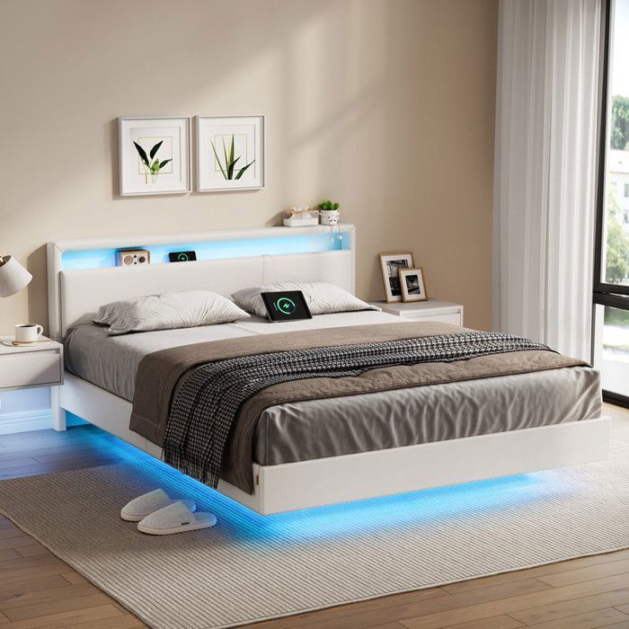 Struttura letto matrimoniale VASAGLE, 160 x 200 cm, letto sospeso, letto con illuminazione a LED, testiera alta, multipresa, bianco