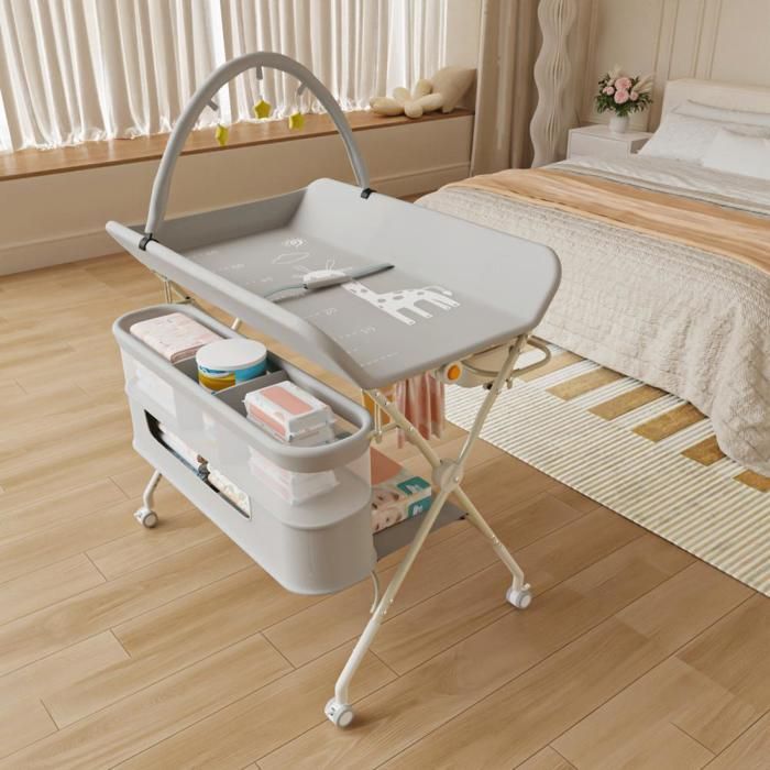 Cambiador regulable en altura - YIYI - Cesta de almacenamiento de doble compartimento - Gris - 80 x 73 x 86-94 cm
