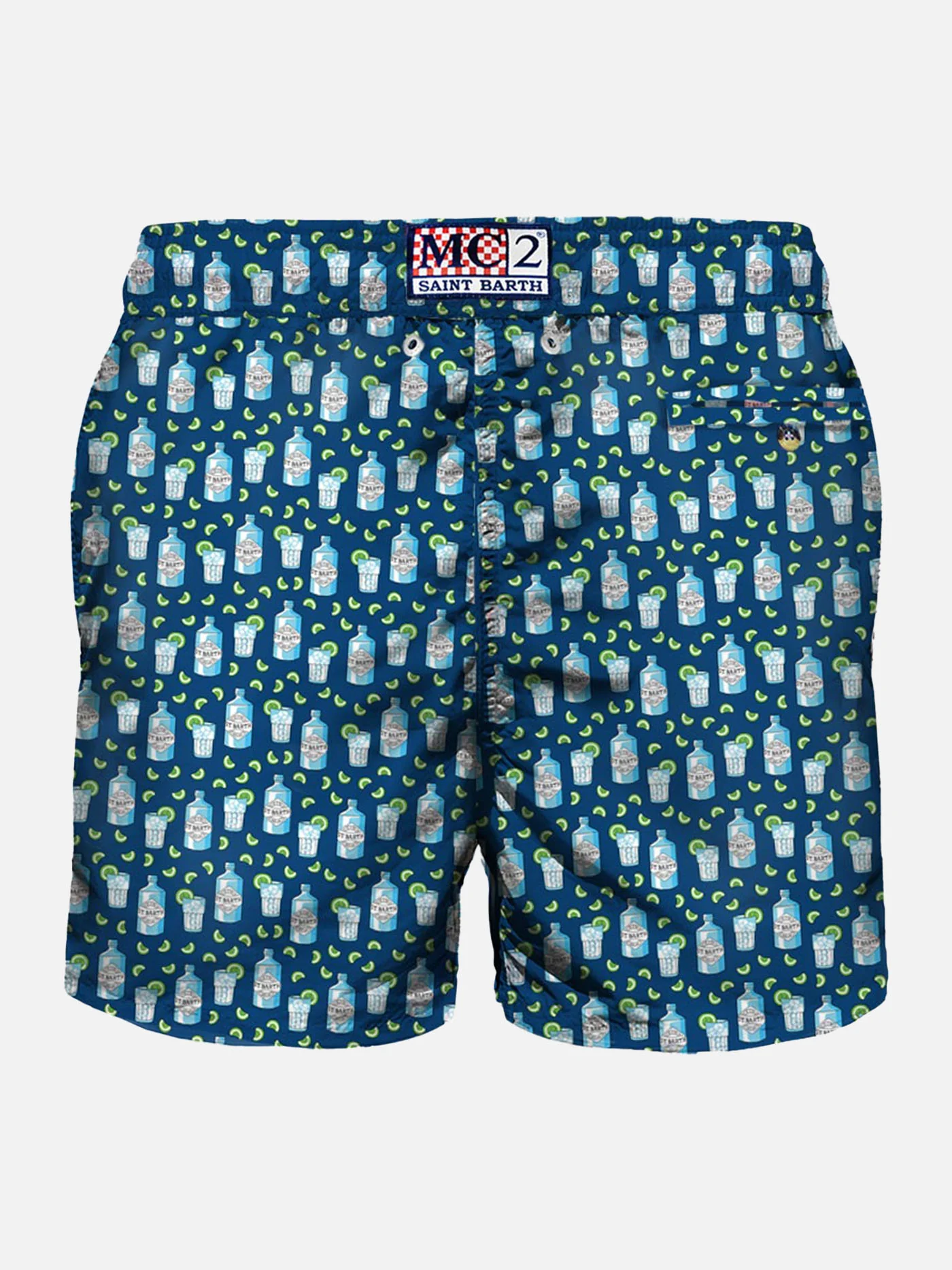 Man Classic Swim Shorts | Gin All Over Print on Blue Background | Quick Drying | Mid-Length | Light Net Lining | Elasticated Waistband | Drawstring Fastening | Front & Back Pockets | MC2 Saint Barth