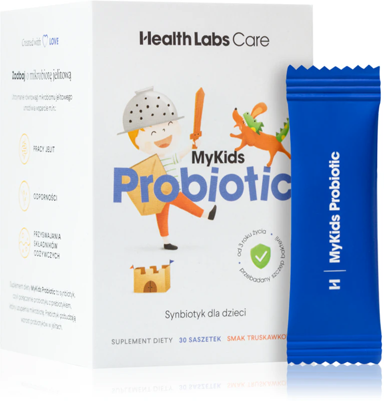 Sachês de suplemento alimentar probiótico Health Labs Care MyKids para fortalecer o sistema imunológico.