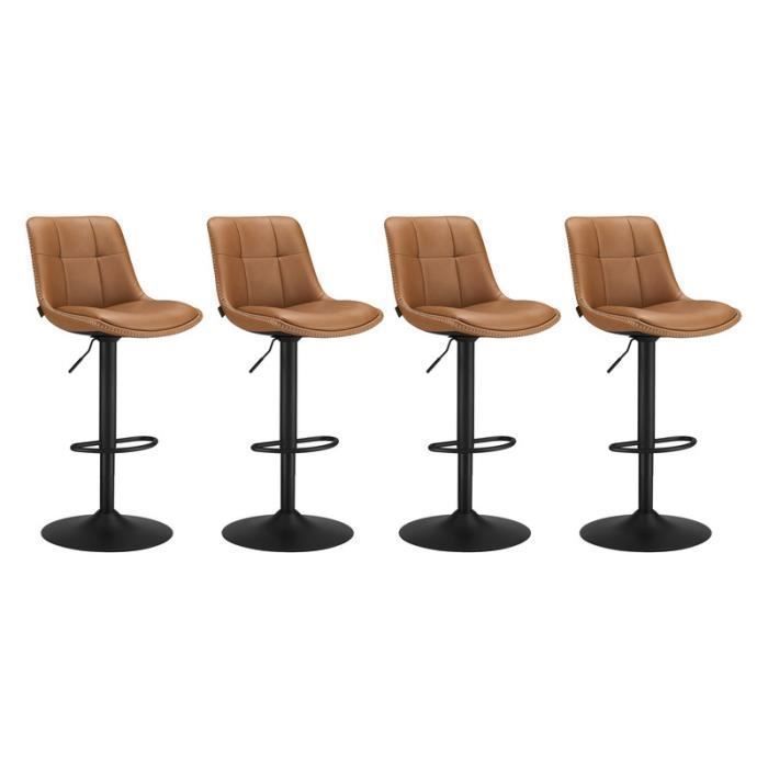 VASAGLE Tabourets de Bar, Lot de 4, Siège Pivotant à Hauteur Réglable, Matelassé, en PU, avec Dossier et Repose-Pieds, Acier, Marron