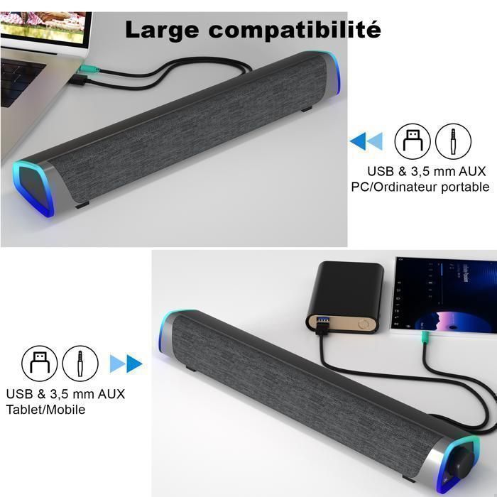 SOULION R30 Altoparlanti per PC, soundbar con luci LED colorate, per monitor, laptop, ingresso AUX da 3,5 mm, alimentazione USB