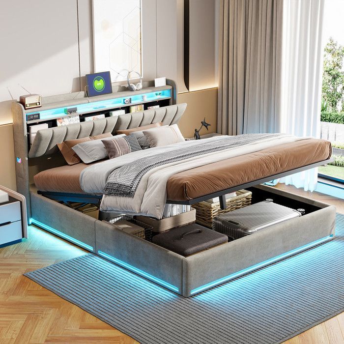 140 x 200 cm storage bed with slatted base, double bed with LED lighting and power strip, storage in the upholstered headboard, 140x200 cm velvet bed
