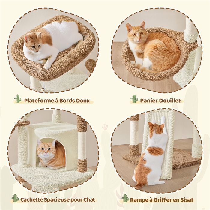 Albero per gatti Yaheetech in peluche a forma di cactus con pali in sisal, piattaforme, nicchia, cestino e trespolo, nei colori beige e marrone.