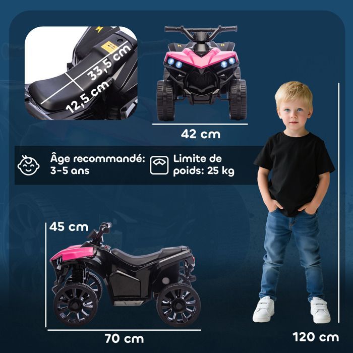 Quad elettrico per bambini - AIYAPLAY - 6V - musica e fari a LED - per bambini dai 37 ai 72 mesi - metallo e PP - 70 x 42 x 45 cm - rosa