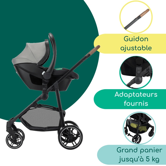 Passeggino BEBECONFORT HAZE TRIO LUX 3 in 1, con navicella + seggiolino auto i-Size + parapioggia + borsa fasciatoio, 0-22 kg, grigio fumé.