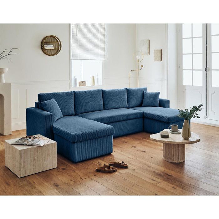 Cyrus – U-förmiges Panoramasofa – 7-Sitzer – ausziehbar mit Stauraum – in Cord – Blau
