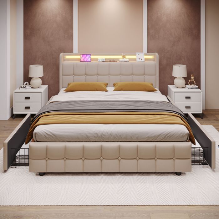 Lit double avec tiroirs 160x200 cm, USB, tête de lit LED, avec 4 tiroirs, linge, sommier à lattes, adapté aux adultes- beige