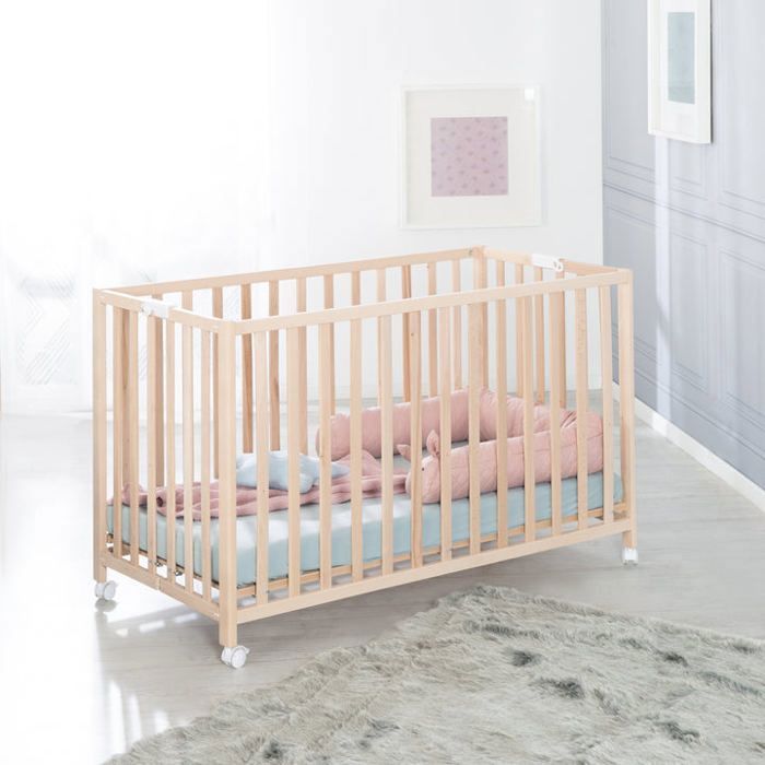 Cuna plegable para bebé - 60 x 120 cm - ROBA - PLEGABLE - Ruedas - Madera natural