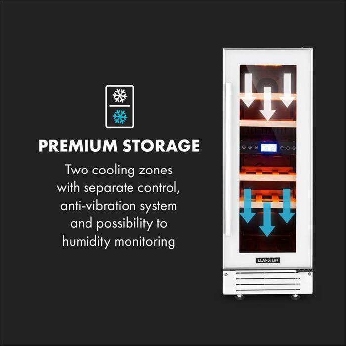 Klarstein Vinovilla 17 Dual-Zone Refrigerated Wine Cooler, 53 Liters / 17 Bottles - 4 Wooden Shelves - White