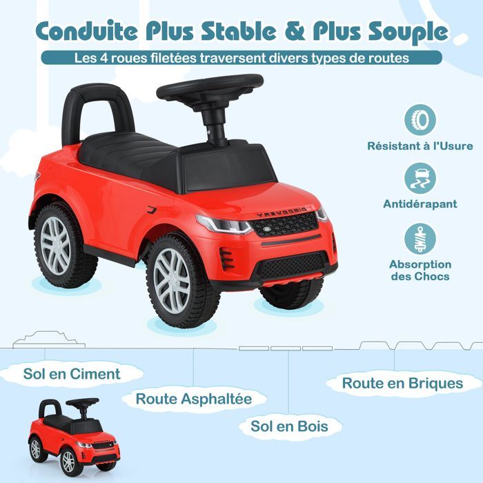Cochecito infantil COSTWAY Land Rover con volante, claxon, sonido de motor y compartimento de almacenamiento bajo el asiento, para niños de 12 a 36 meses, hasta 25 kg, color rojo.