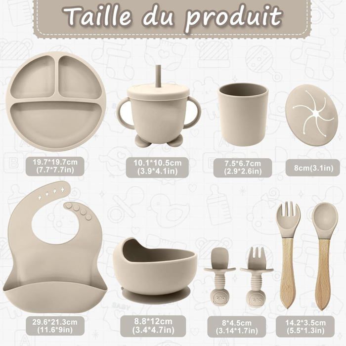 Plato para bebé, juego de 12 piezas para la comida del bebé, tazón y cuchara para bebé, babero de silicona para bebé, plato para bebé con ventosa