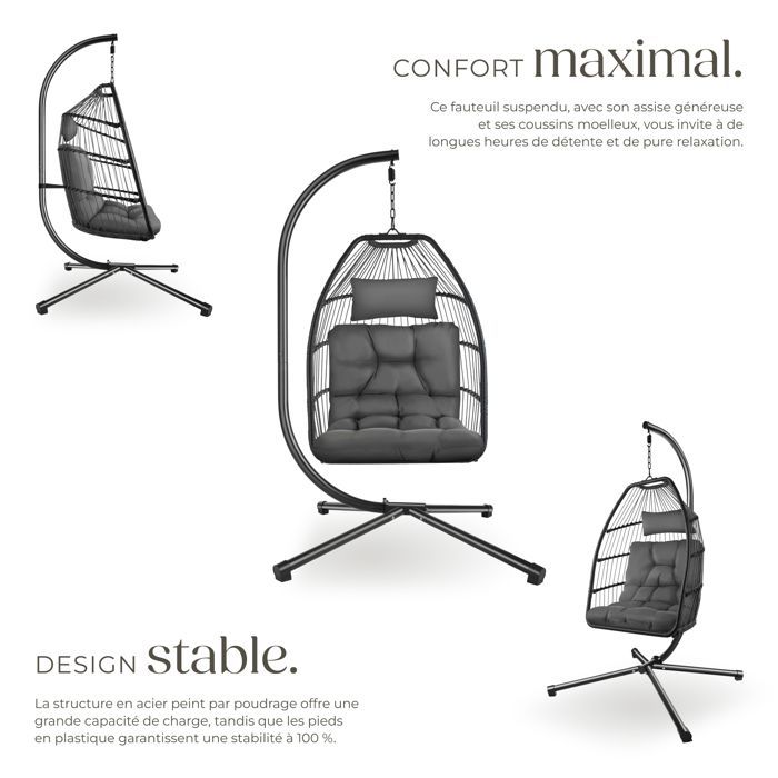 Hängeschaukel – TECTAKE – ARIANE Hängesessel, 160 kg, drehbar, 98 x 107 x 202 cm, Stahl und Polyester – Dunkelgrau