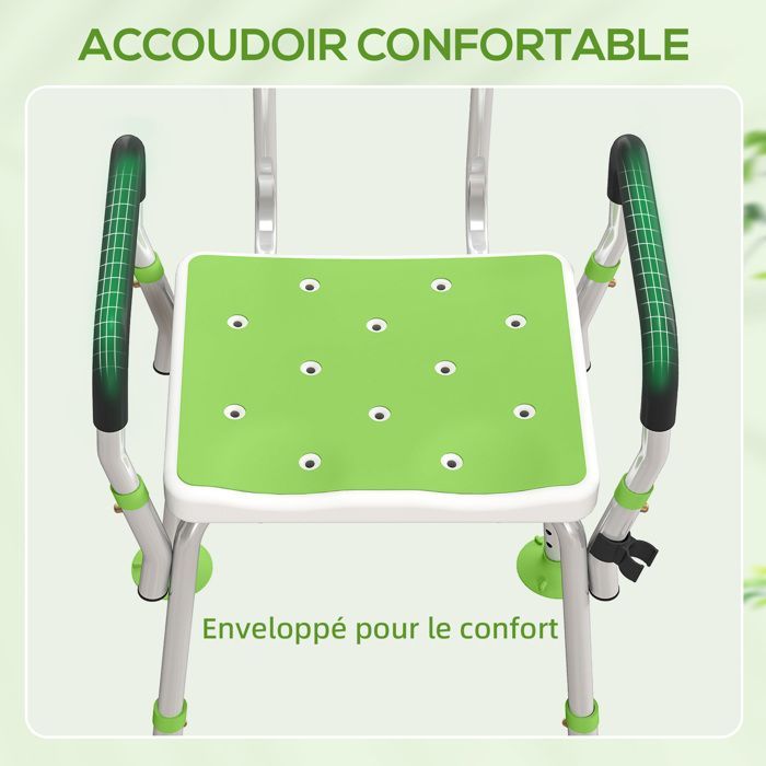 Tabouret de douche - HOMCOM - ergonomique - hauteur réglable - pieds antidérapants - charge max. 136 Kg - alu HDPE - blanc et vert
