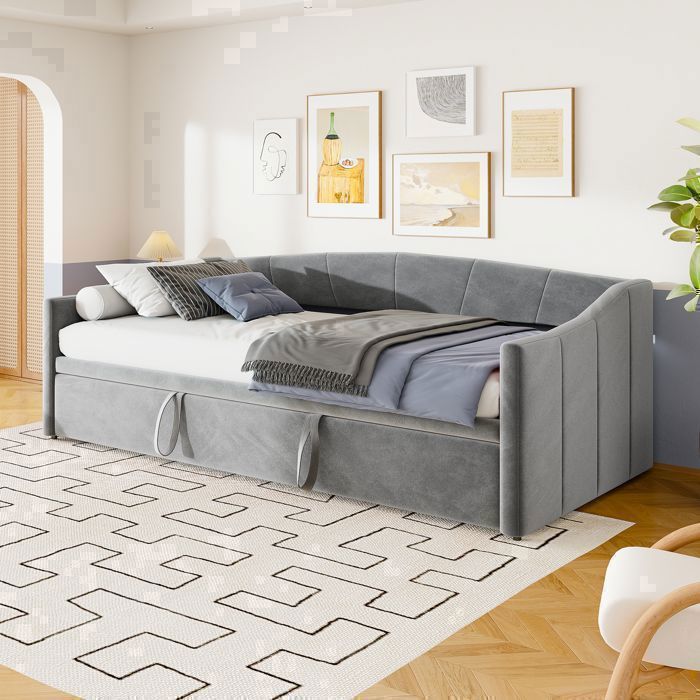 Canapé Lit Convertible 2 Places - Velours Gris Oeko-Tex - Mécanisme Clic-Clac - Dimensions 210x90cm
