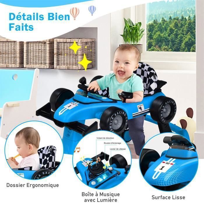Andador plegable 4 en 1 para bebés COSTWAY - Altura y velocidad ajustables - Caja de música con luz - 6-18 meses - Ruedas silenciosas - Azul