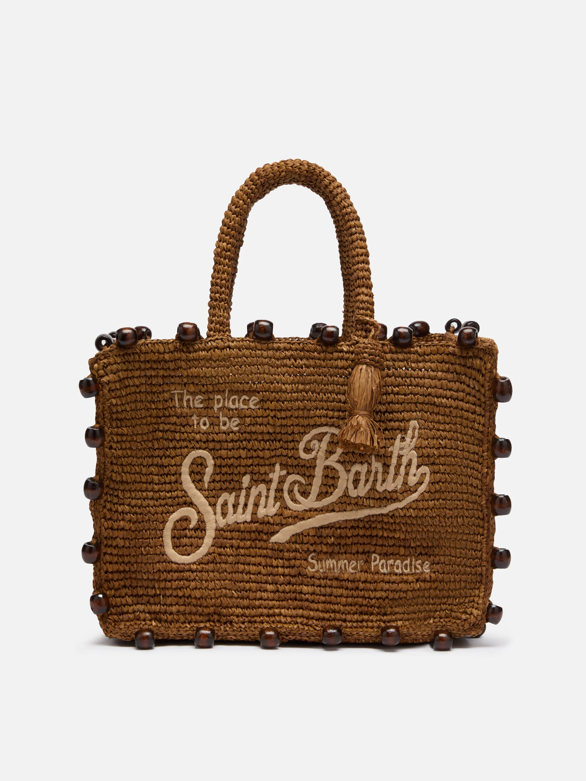 Colette tas van bruin raffia met kralen en geborduurd logo.