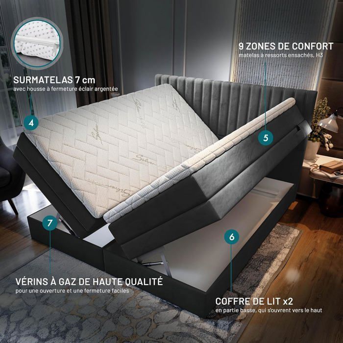 Letto matrimoniale ADÈLE - materasso e base elettrica regolabile - 160x200 cm - velluto grigio scuro