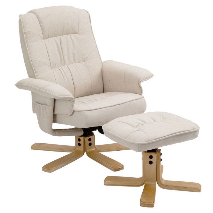 Sillón reclinable CHARLY con reposapiés, otomana, asiento giratorio, respaldo reclinable y asiento acolchado, en tejido beige.