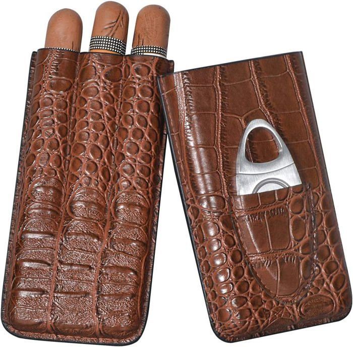 Estuche para puros de tres tubos, humidor de piel con estampado de cocodrilo, caja para puros con cortador de acero inoxidable, puros no incluidos.