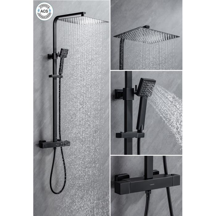 Columna de ducha OCEANIC - Mezclador termostático con cuerpo de tacto frío - Ducha de techo cuadrada de 30x30 cm - Negro mate