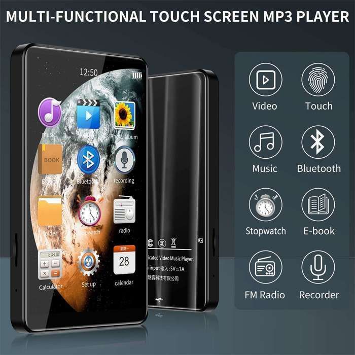 Bluetooth MP5-speler met 4-inch HD 1080P touchscreen, HiFi-audio en 16 GB uitbreidbaar geheugen.